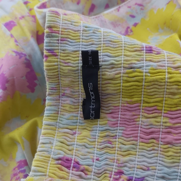 Portmans Women's Dress Size 14 Yellow Pink Floral V-Neck Shirring Bow Sleeveless - Picture 11 of 13